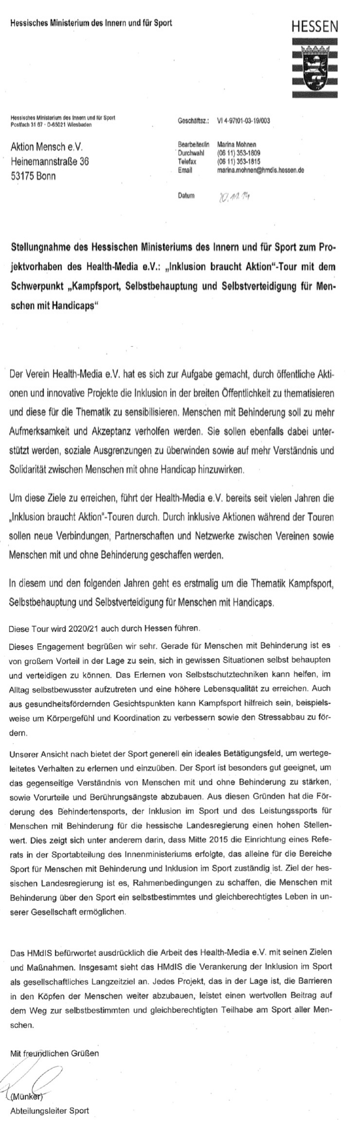 Statement von Uwe Münker - Abteilungsleiter Sport im Innenministerium Hessen 2019